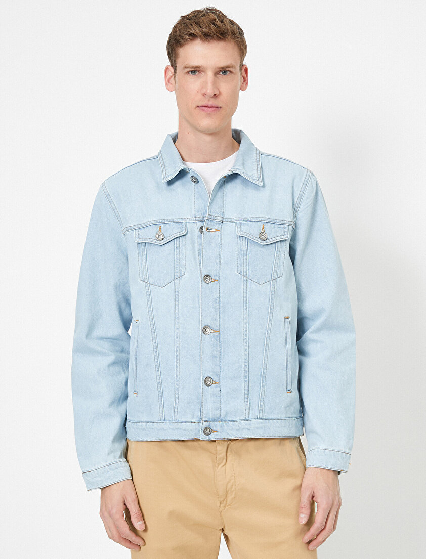 Cep Detaylı Düğmeli %100 Pamuk Jean Ceket