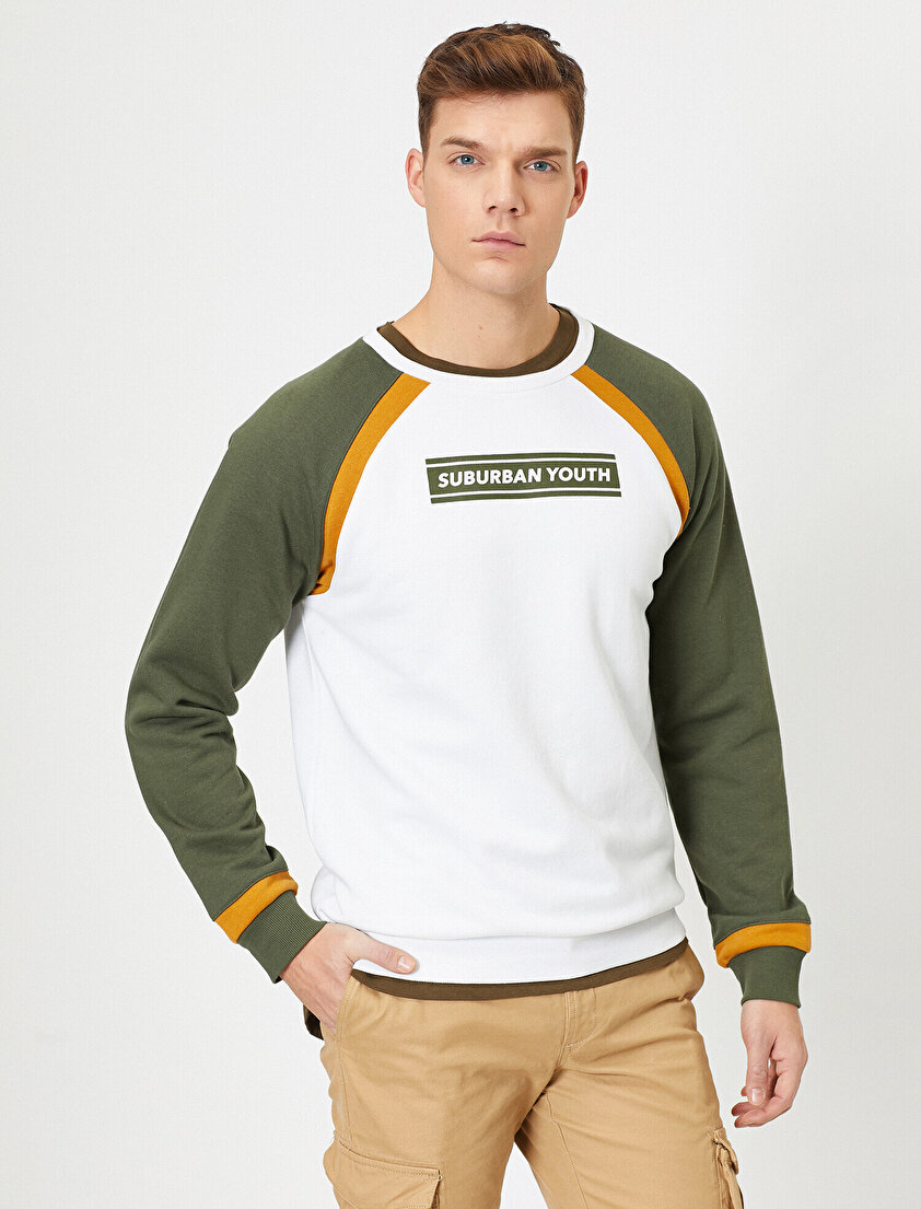 Reglan Kollu Slogan Baskılı Bisiklet Yaka Sweatshirt