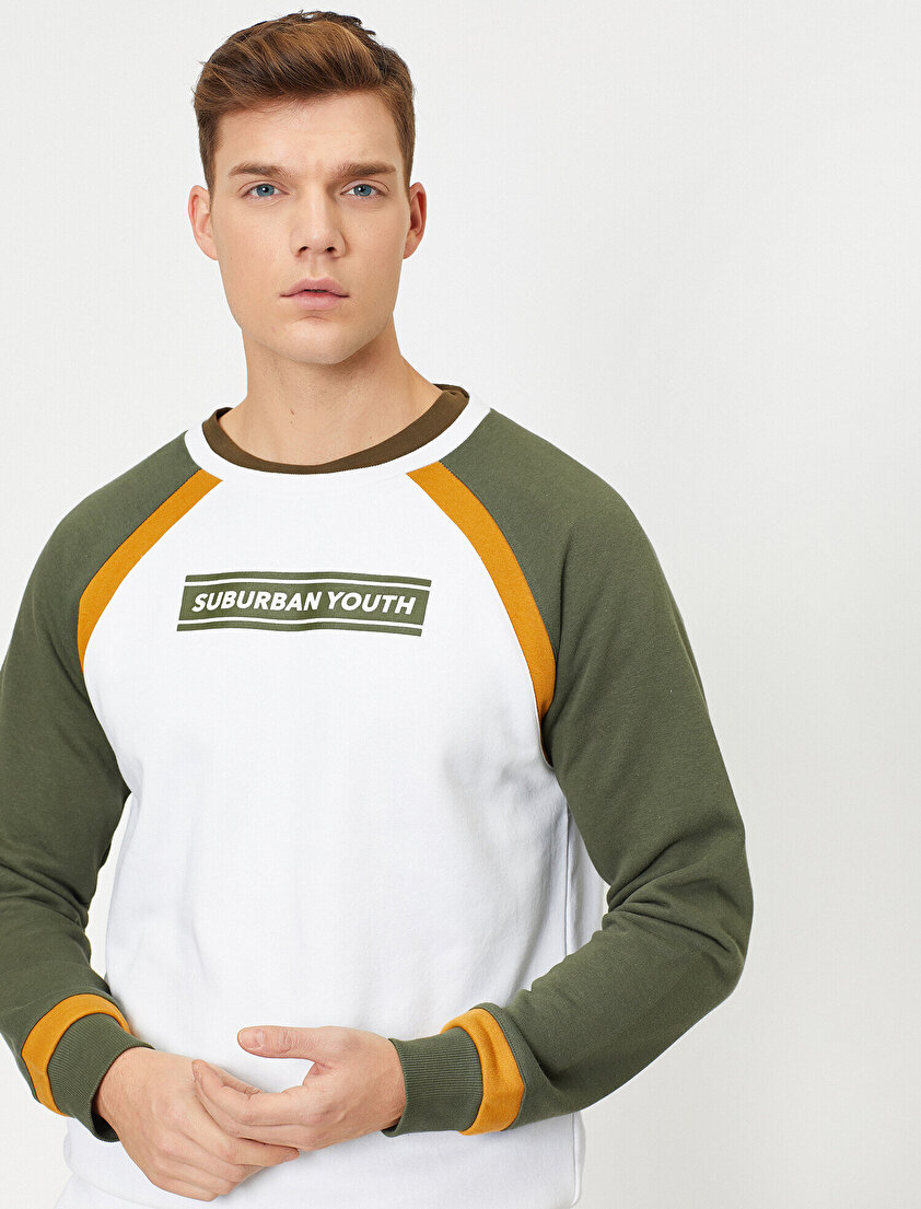 Reglan Kollu Slogan Baskılı Bisiklet Yaka Sweatshirt