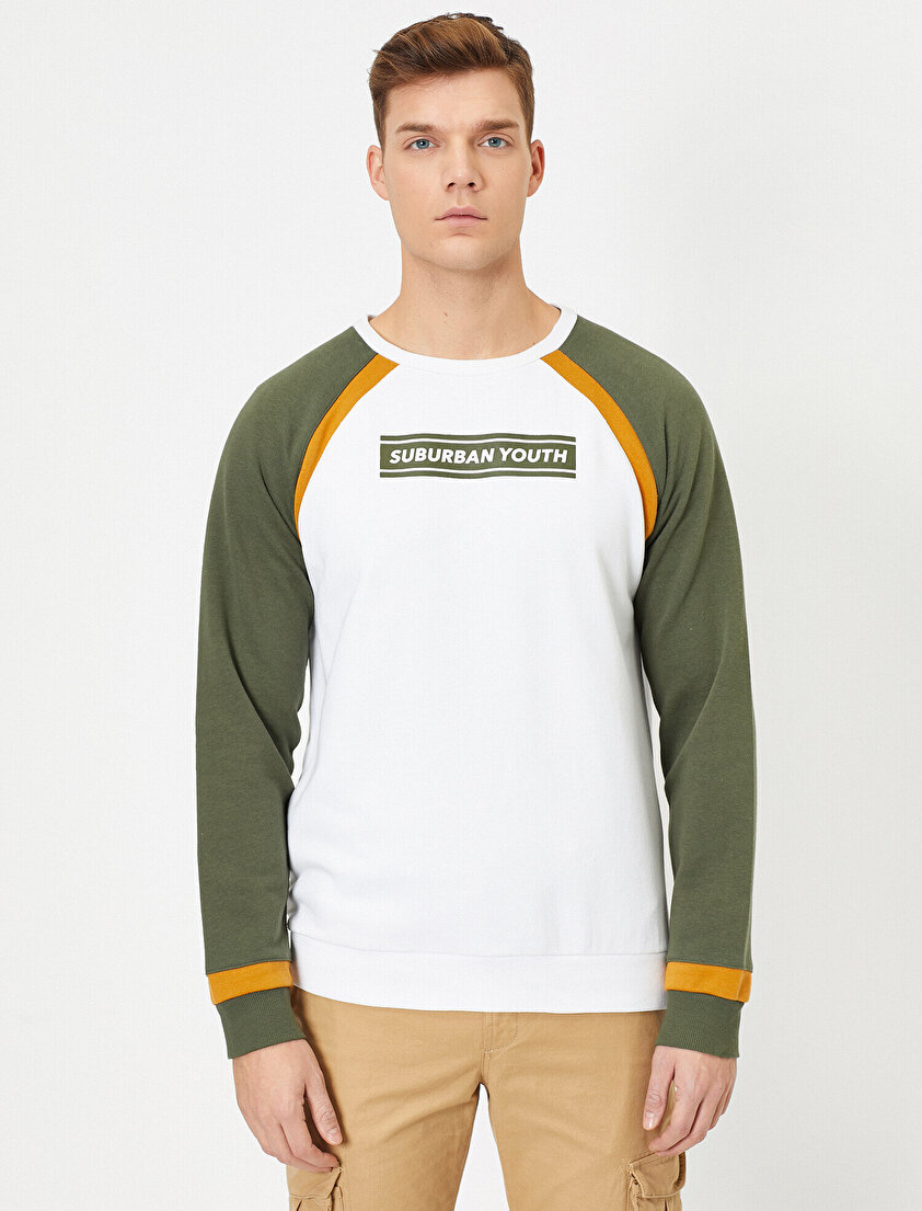 Reglan Kollu Slogan Baskılı Bisiklet Yaka Sweatshirt