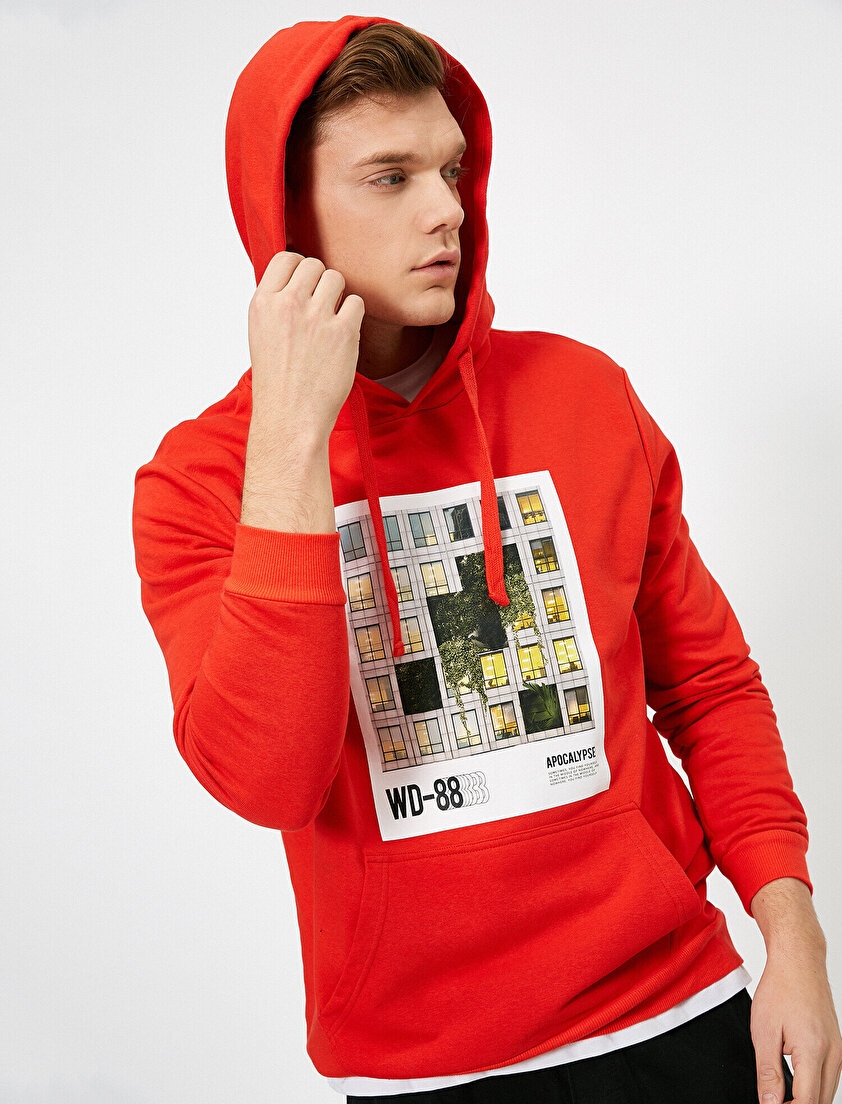 Kapüşonlu Baskılı Kanguru Cepli Uzun Kollu Sweatshirt