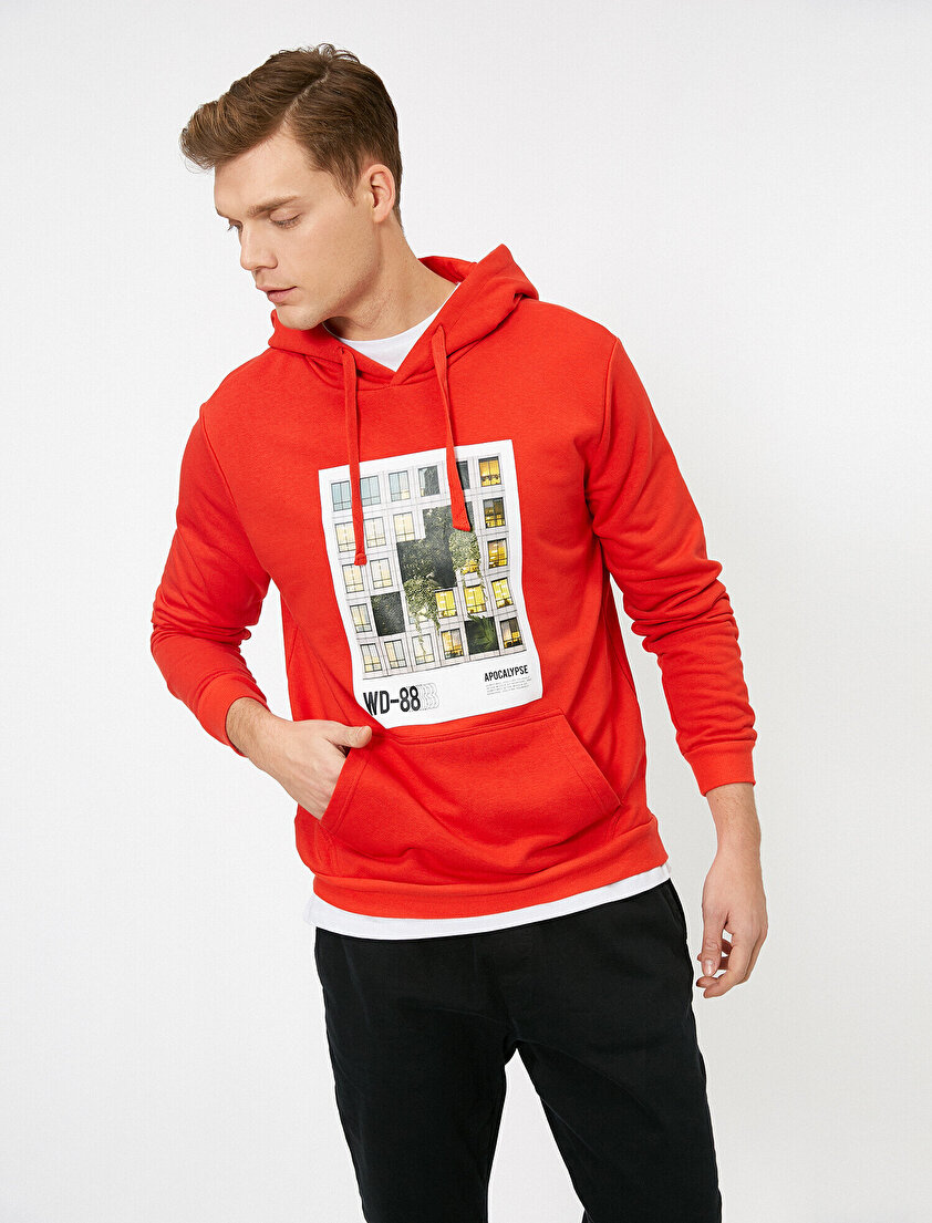 Kapüşonlu Baskılı Kanguru Cepli Uzun Kollu Sweatshirt