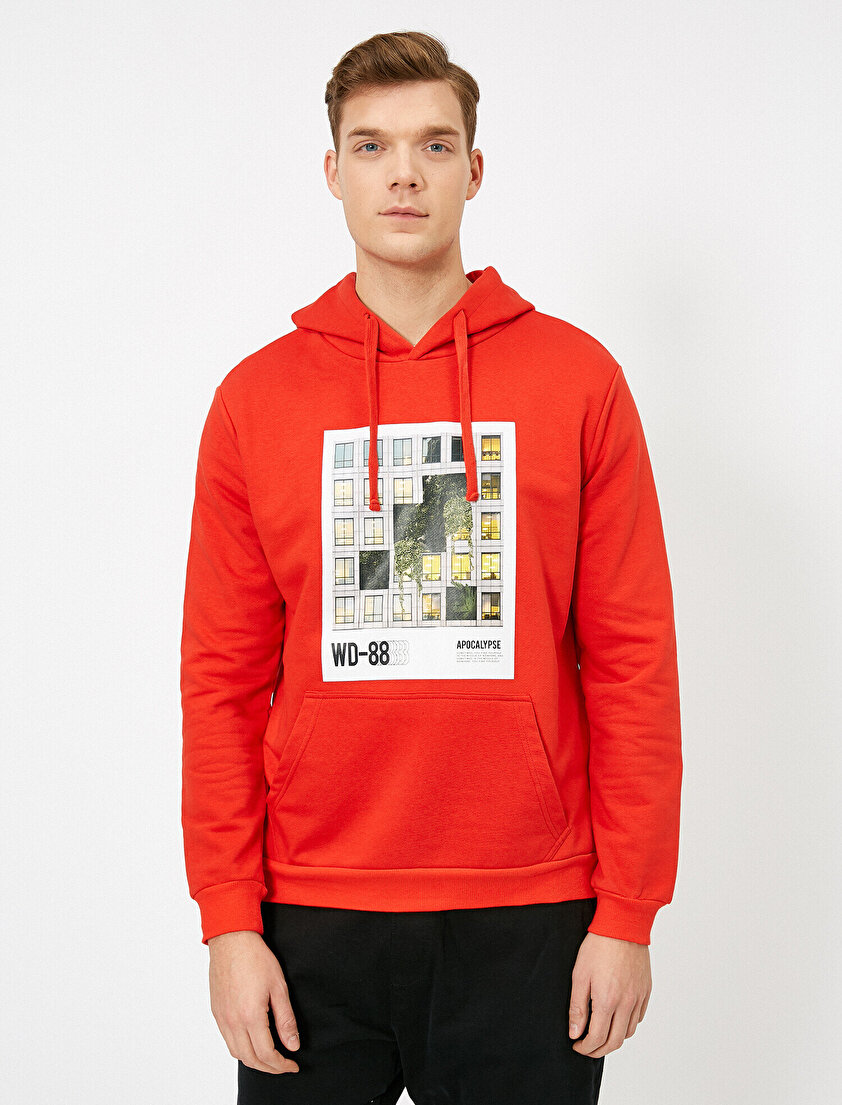 Kapüşonlu Baskılı Kanguru Cepli Uzun Kollu Sweatshirt