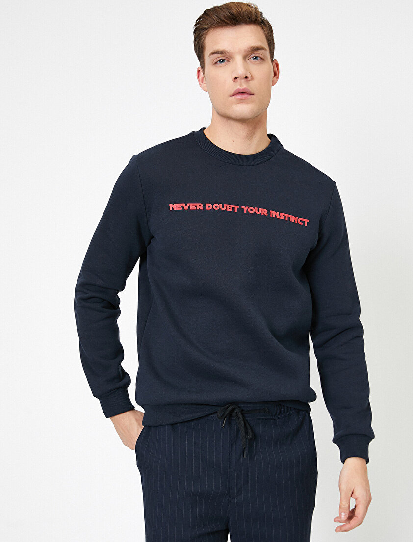 Bisiklet Yaka Yazılı Baskılı Uzun Kollu Sweatshirt
