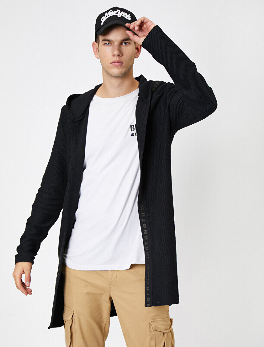 Kapüşonlu Şerit Detaylı Uzun Fit Hırka