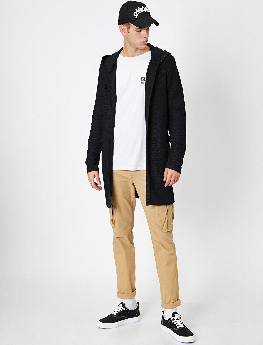 Kapüşonlu Şerit Detaylı Uzun Fit Hırka