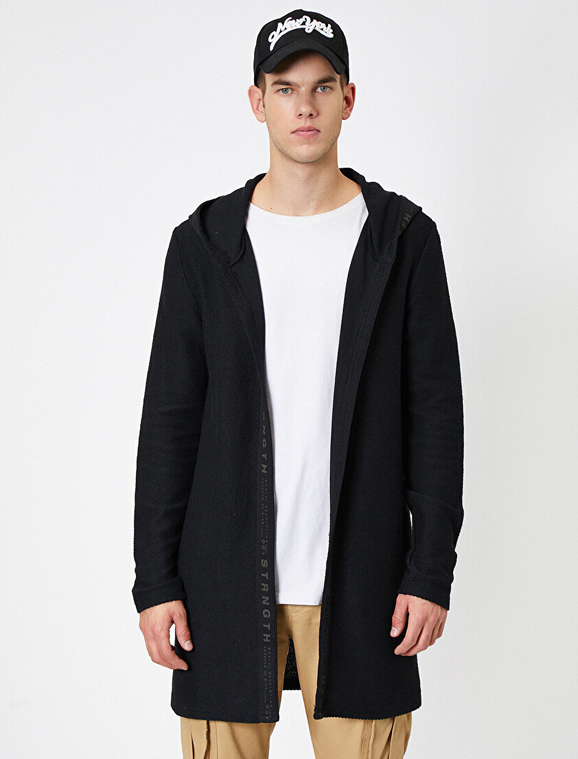 Kapüşonlu Şerit Detaylı Uzun Fit Hırka