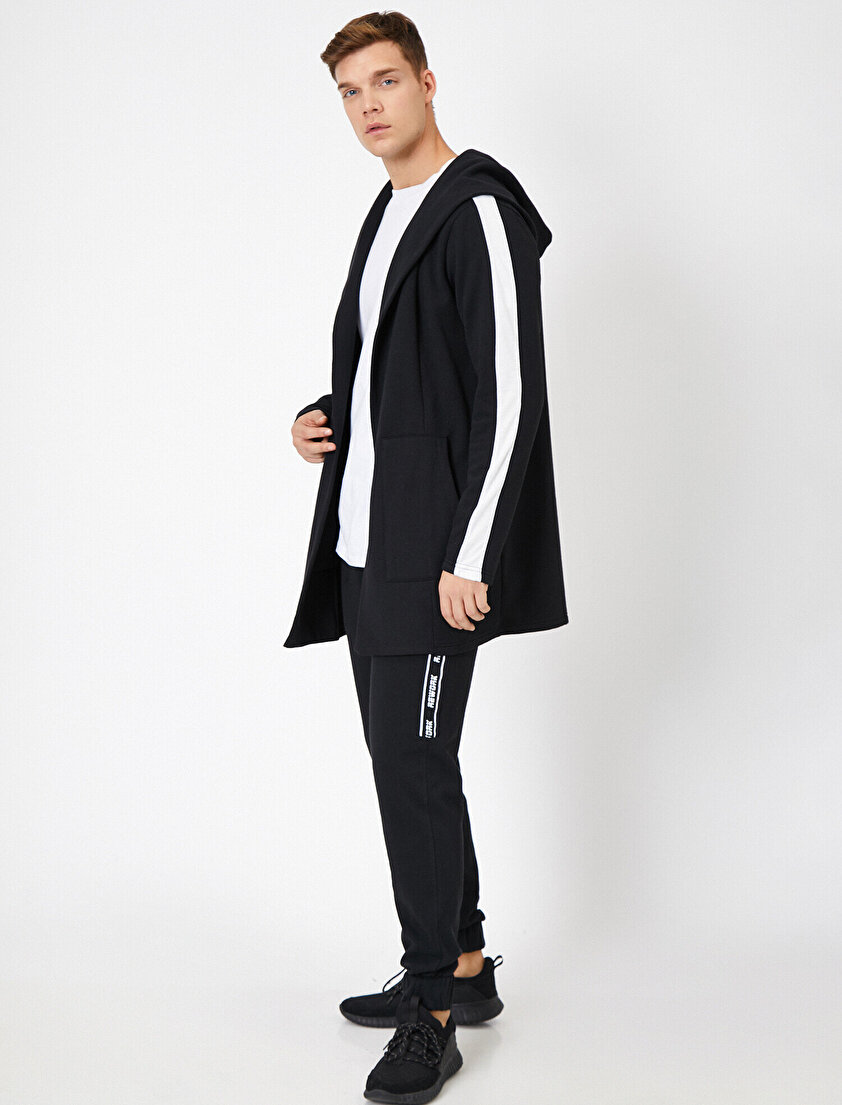 Kapüşonlu Şerit Detaylı Uzun Fit Hırka