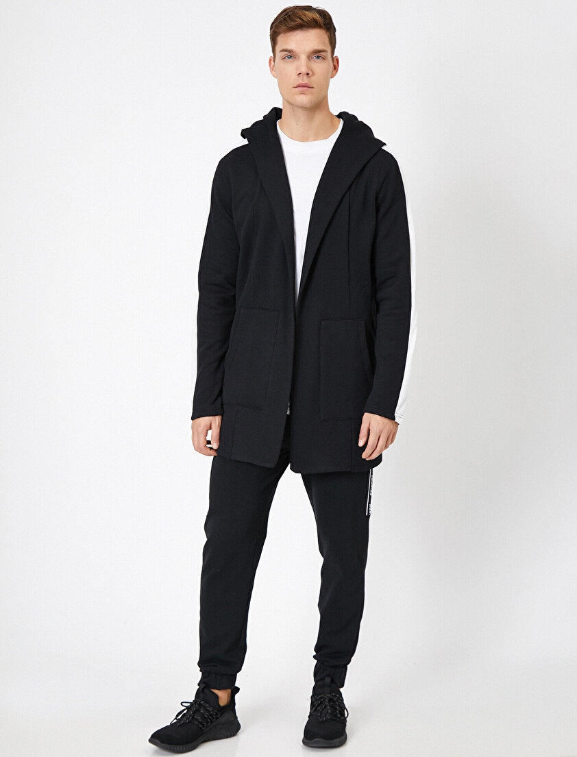 Kapüşonlu Şerit Detaylı Uzun Fit Hırka