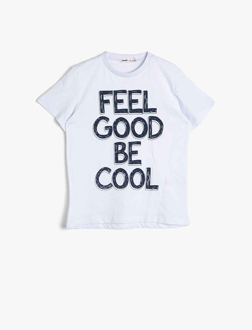 Pamuklu Slogan Baskılı Kısa Kollu Bisiklet Yaka Tişört