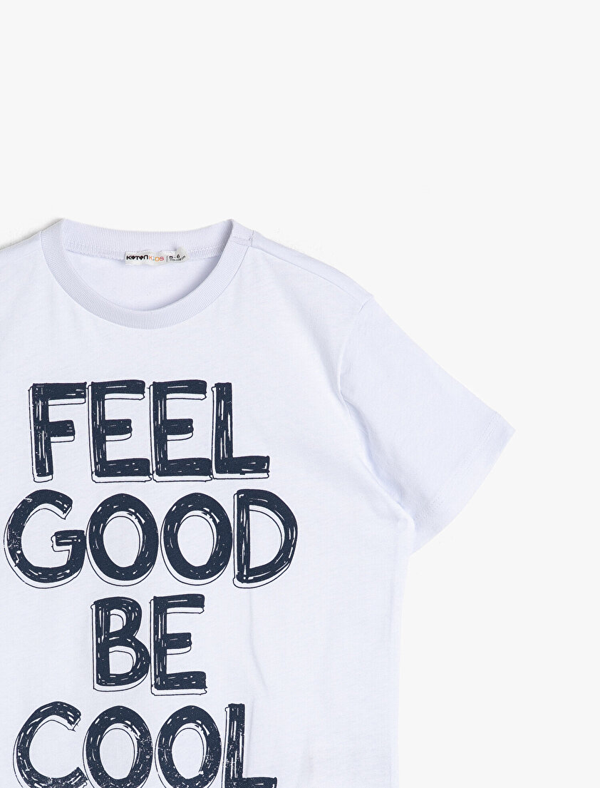 Pamuklu Slogan Baskılı Kısa Kollu Bisiklet Yaka Tişört