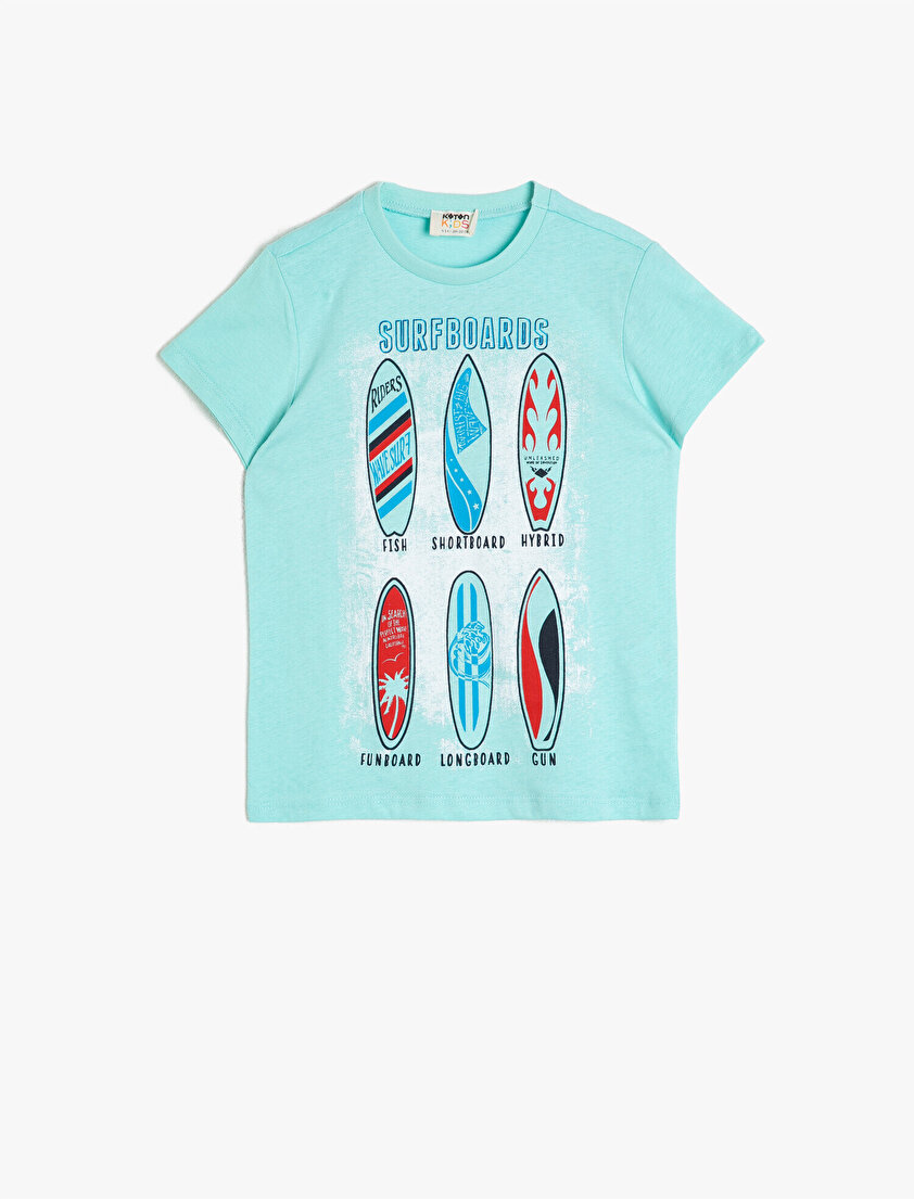 Pamuklu Baskılı Kısa Kollu Bisiklet Yaka Tişört