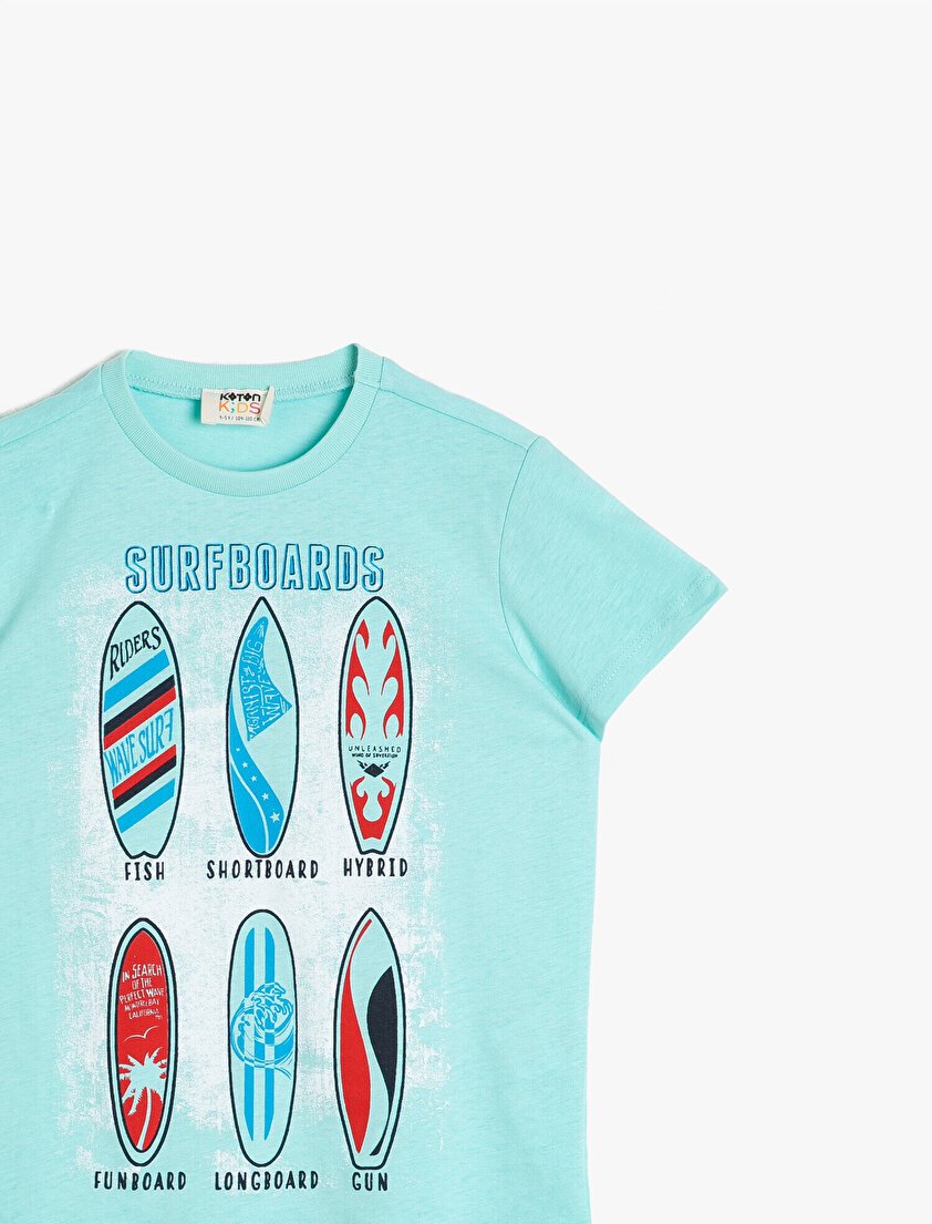 Pamuklu Baskılı Kısa Kollu Bisiklet Yaka Tişört