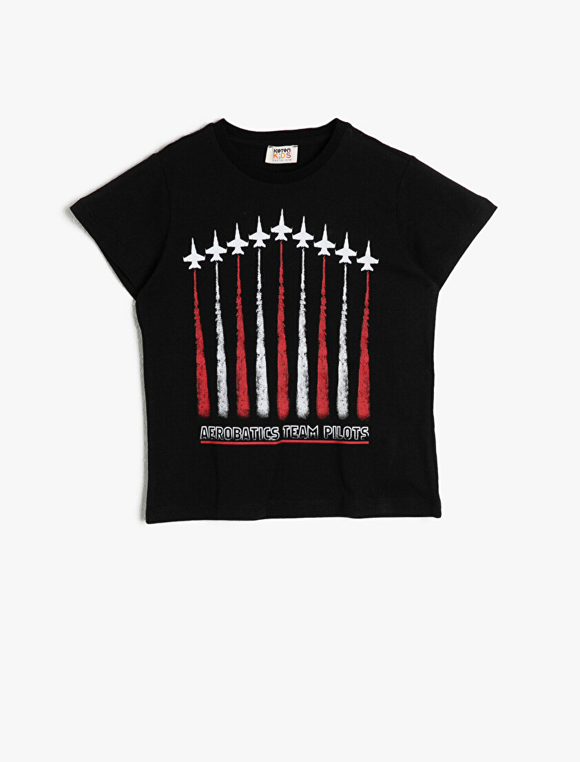 Pamuklu Baskılı Kısa Kollu Bisiklet Yaka Tişört