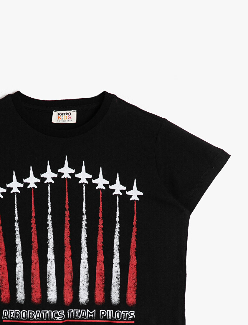 Pamuklu Baskılı Kısa Kollu Bisiklet Yaka Tişört