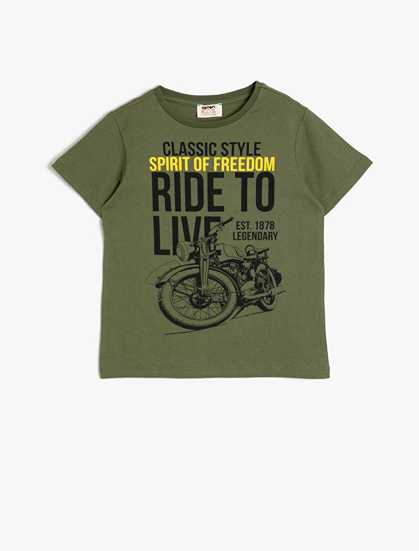 Pamuklu Baskılı Kısa Kollu Bisiklet Yaka Tişört