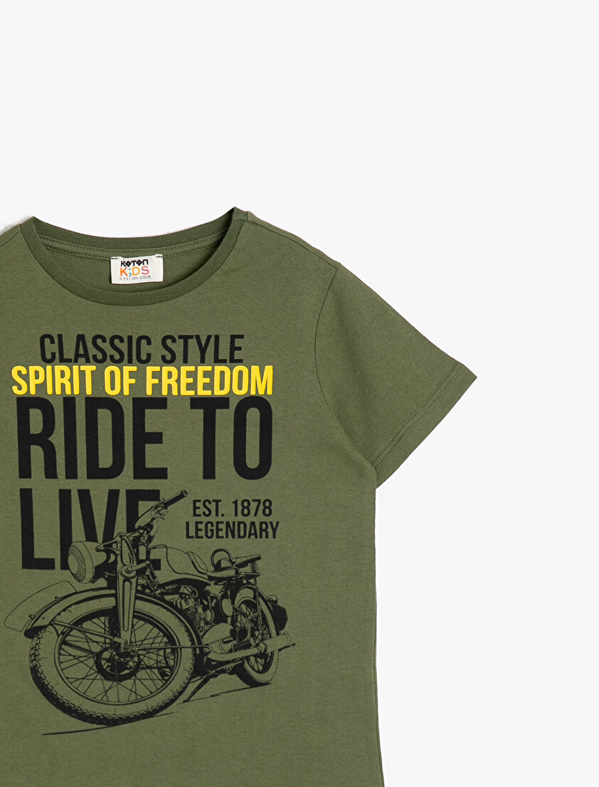 Pamuklu Baskılı Kısa Kollu Bisiklet Yaka Tişört