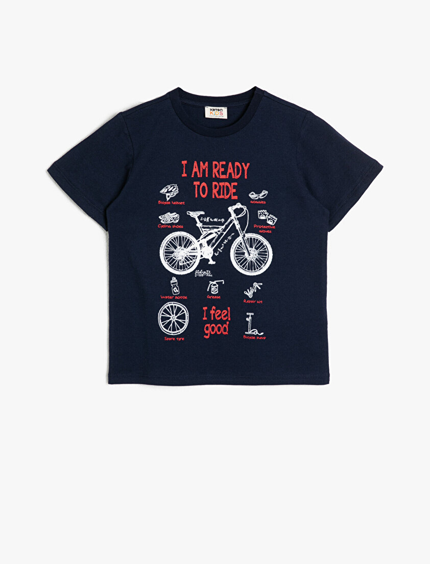 Pamuklu Bisiklet Baskılı Kısa Kollu Bisiklet Yakalı Tişört