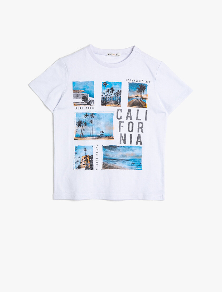 Pamuklu Baskılı Kısa Kollu Bisiklet Yaka Tişört