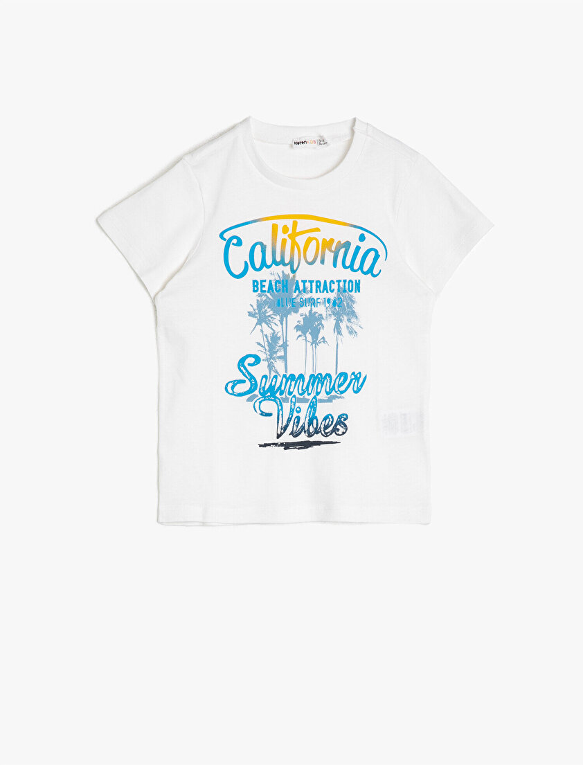 Baskılı Pamuklu Kısa Kollu Bisiklet Yaka Tişört