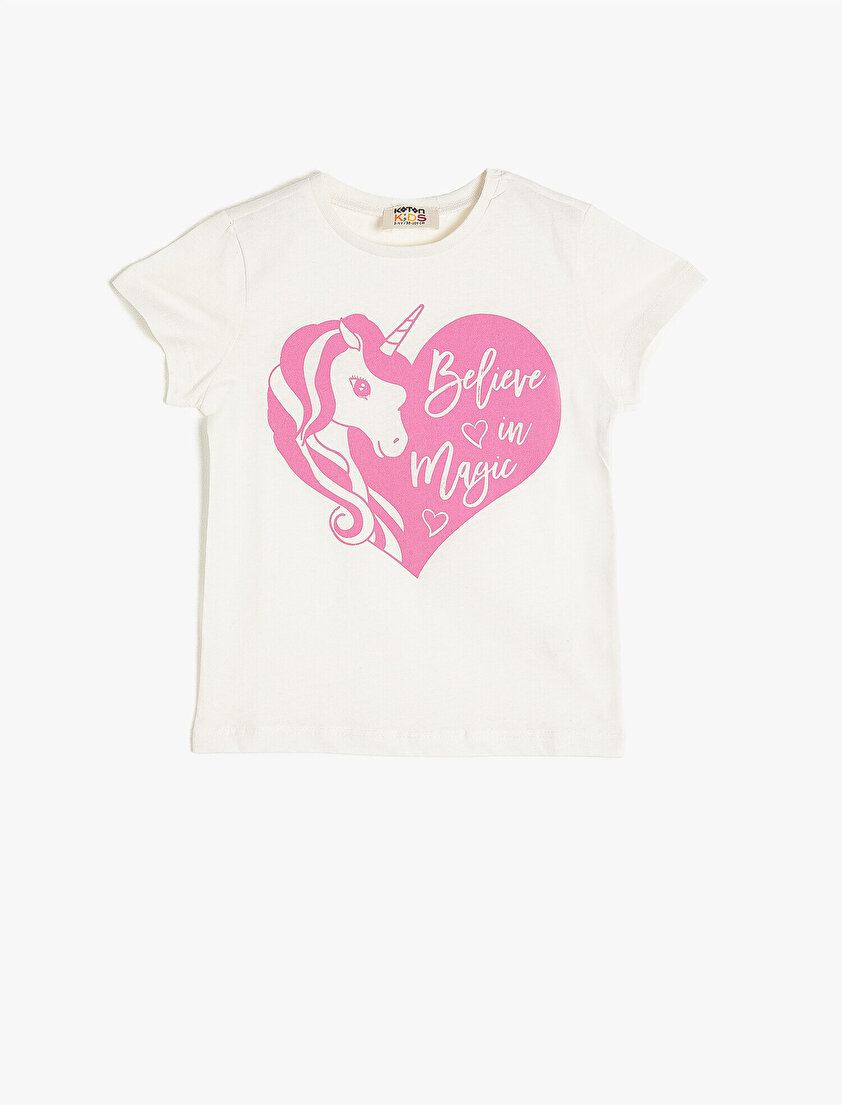 Bisiklet Yaka Unicorn Baskılı Kısa Kollu Pamuklu Tişört