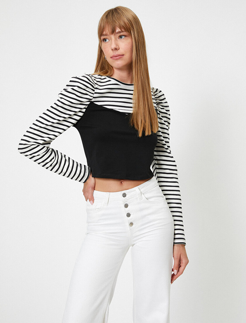 Çizgili Uzun Kollu Kontrast Parça Detaylı T-Shirt