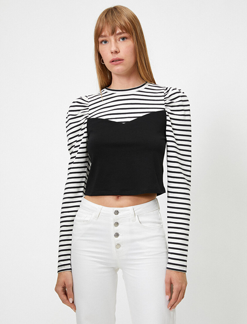 Çizgili Uzun Kollu Kontrast Parça Detaylı T-Shirt