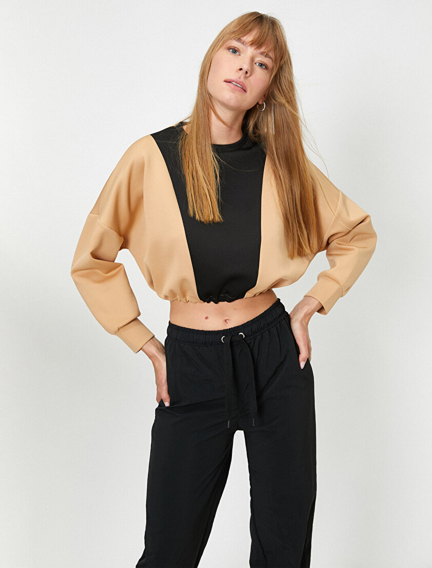 Bisiklet Yaka Renk Bloklu Crop Sweatshirt