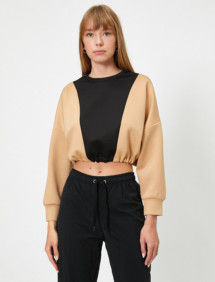 Bisiklet Yaka Renk Bloklu Crop Sweatshirt