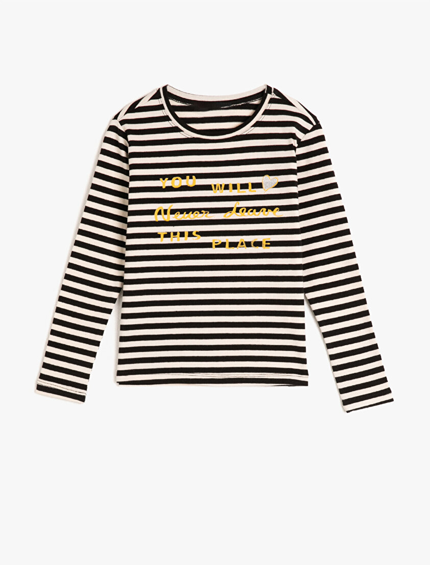 Uzun Kollu Bisiklet Yaka Çizgili Yazılı Baskılı Tişört