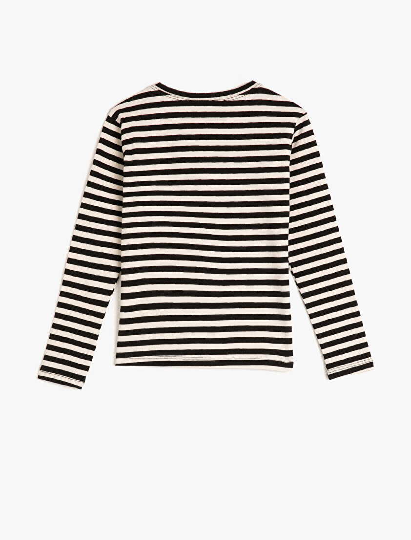 Uzun Kollu Bisiklet Yaka Çizgili Yazılı Baskılı Tişört