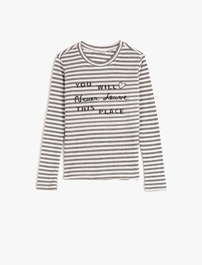 Uzun Kollu Bisiklet Yaka Çizgili Yazılı Tişört 