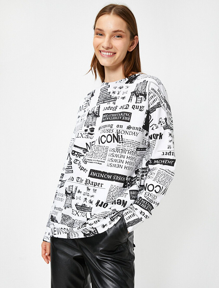 Bisiklet Yaka Uzun Kollu Yazılı Baskılı Sweatshirt