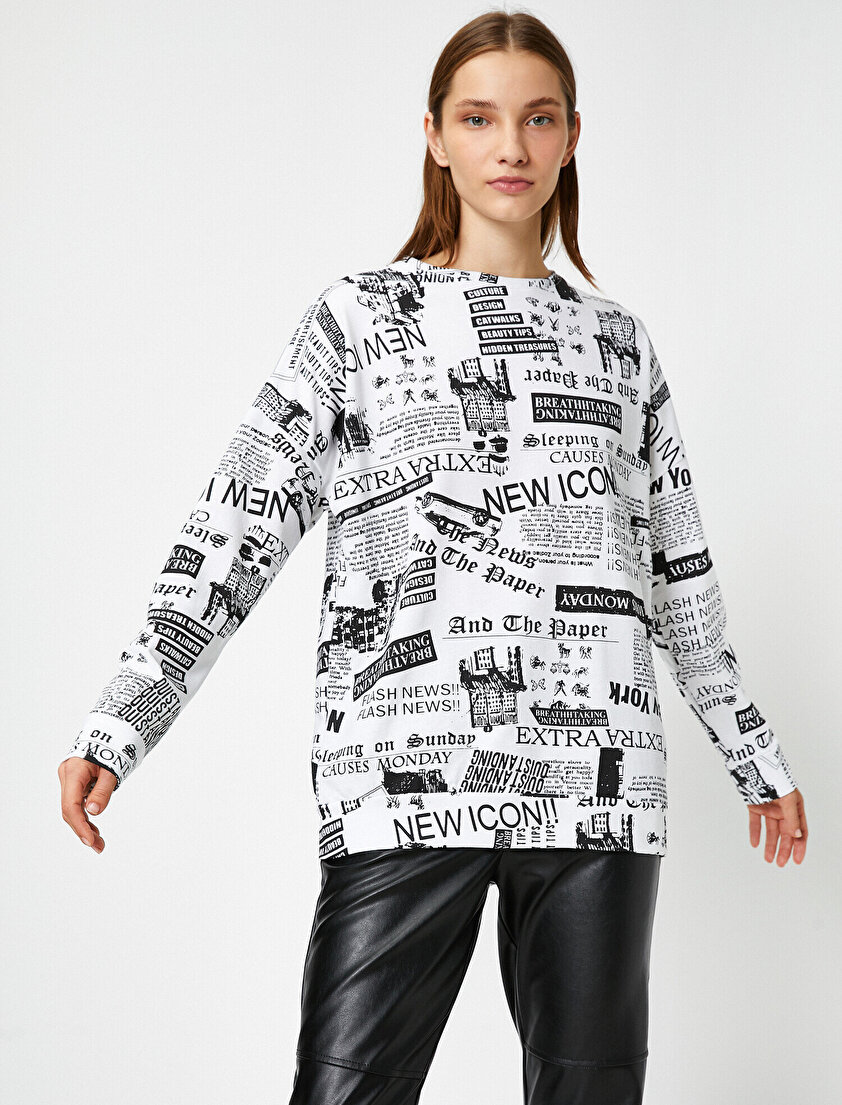 Bisiklet Yaka Uzun Kollu Yazılı Baskılı Sweatshirt