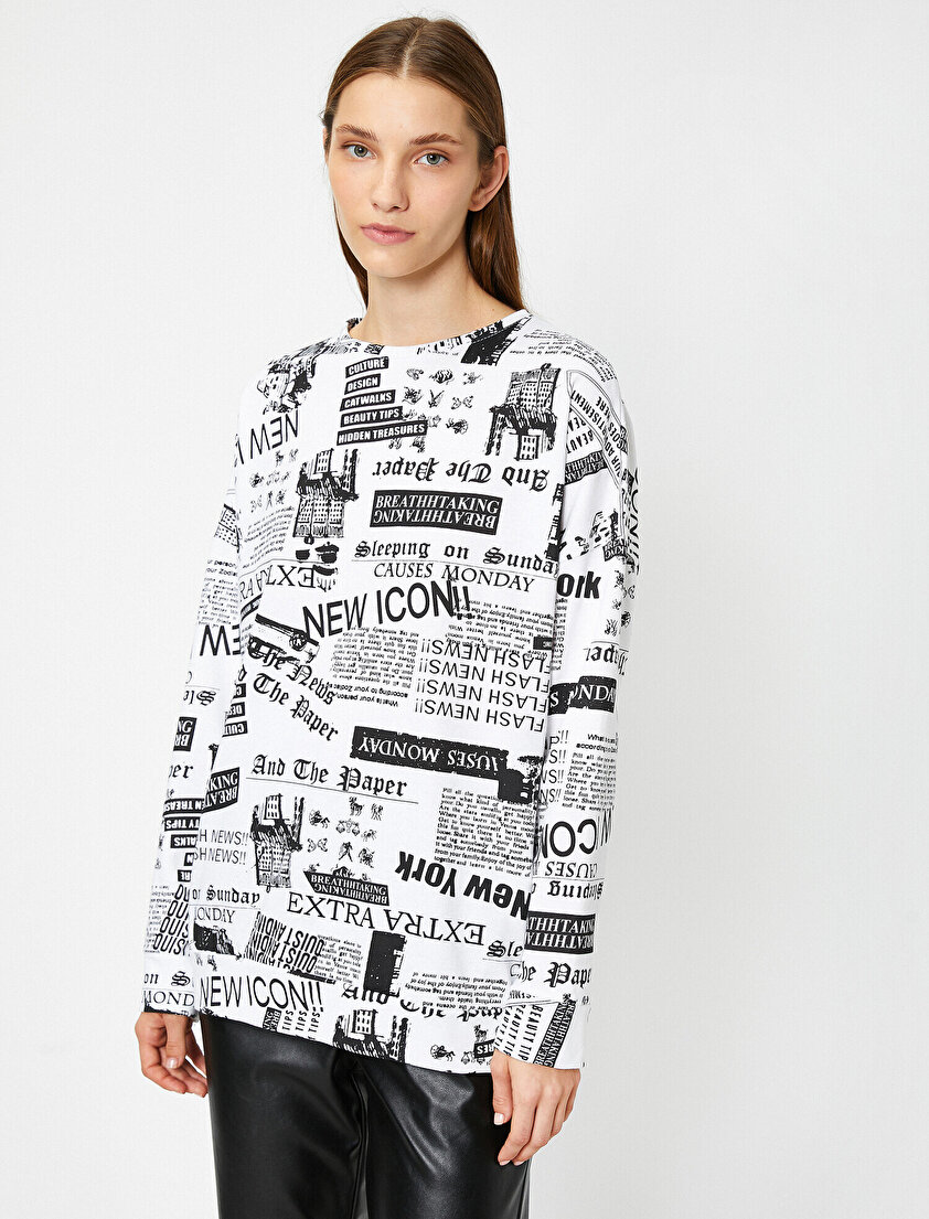 Bisiklet Yaka Uzun Kollu Yazılı Baskılı Sweatshirt