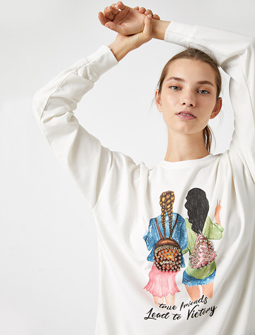  %100 Pamuk Bisiklet Yaka Baskılı Taşlı Sweatshirt