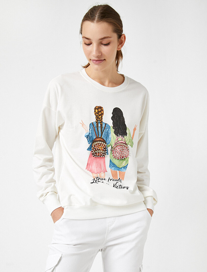  %100 Pamuk Bisiklet Yaka Baskılı Taşlı Sweatshirt