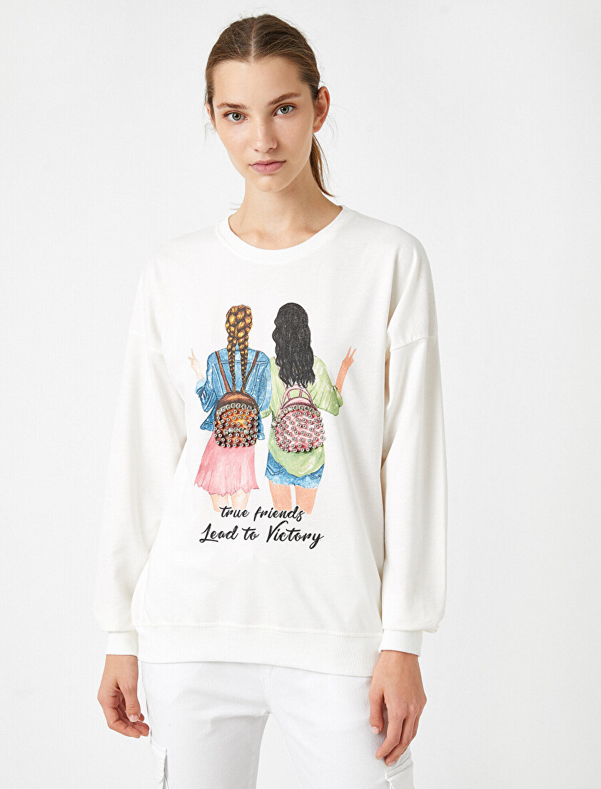  %100 Pamuk Bisiklet Yaka Baskılı Taşlı Sweatshirt