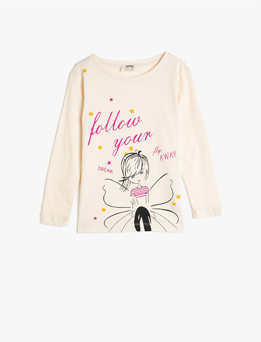 %100 Pamuk Bisiklet Yaka Uzun Kollu Baskılı Tişört