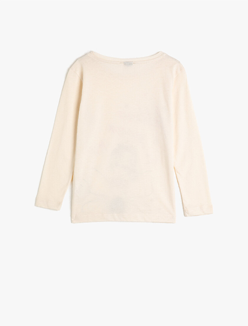 %100 Pamuk Bisiklet Yaka Uzun Kollu Baskılı Tişört