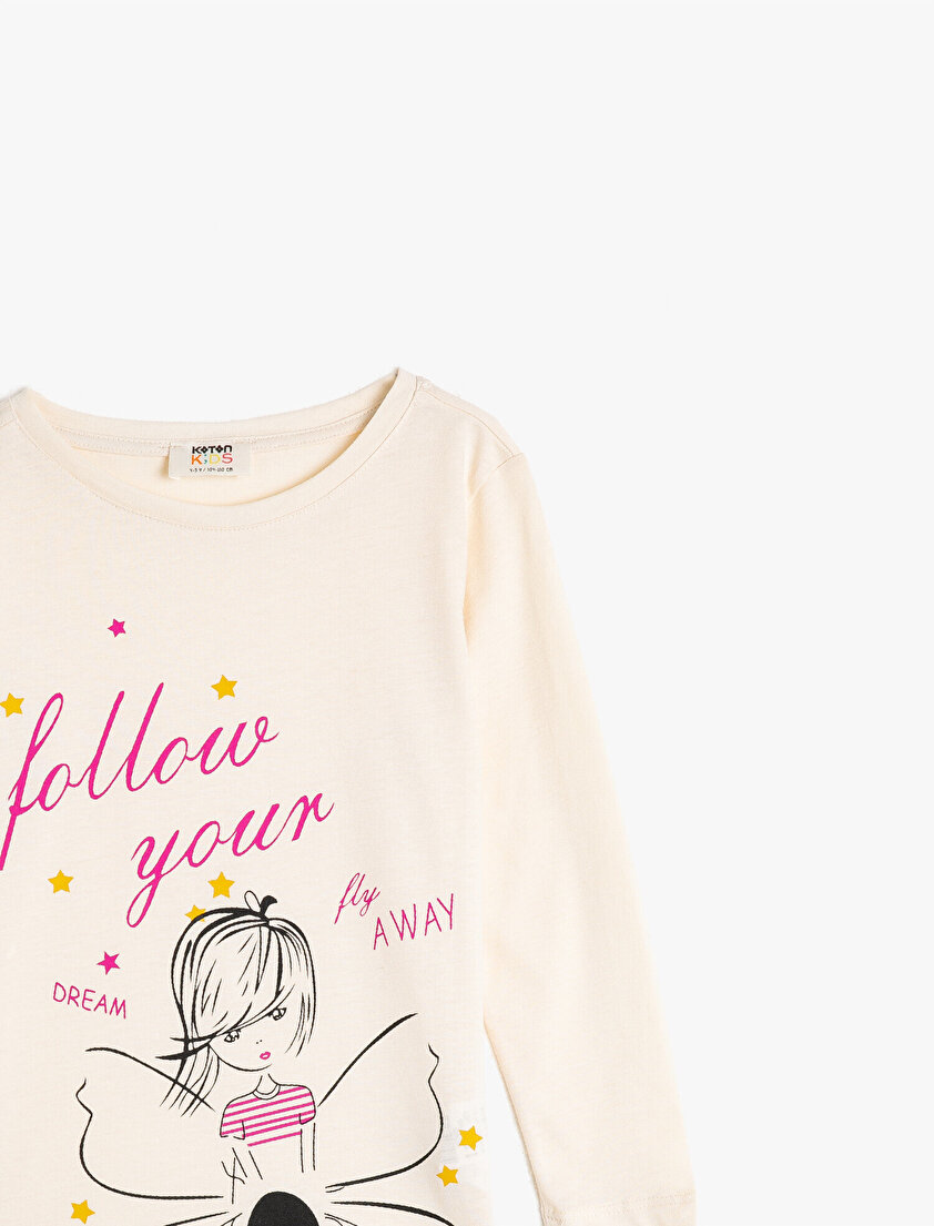 %100 Pamuk Bisiklet Yaka Uzun Kollu Baskılı Tişört