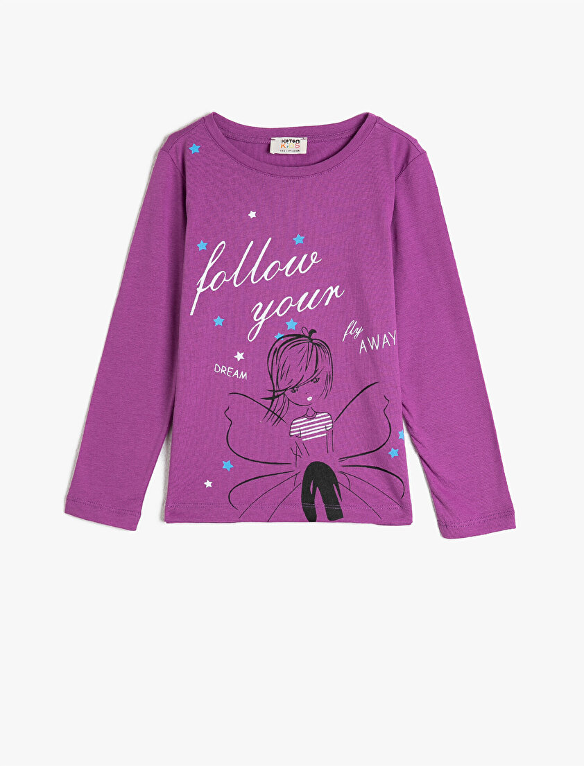 %100 Pamuk Bisiklet Yaka Uzun Kollu Baskılı Tişört