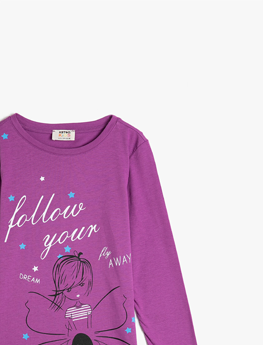 %100 Pamuk Bisiklet Yaka Uzun Kollu Baskılı Tişört