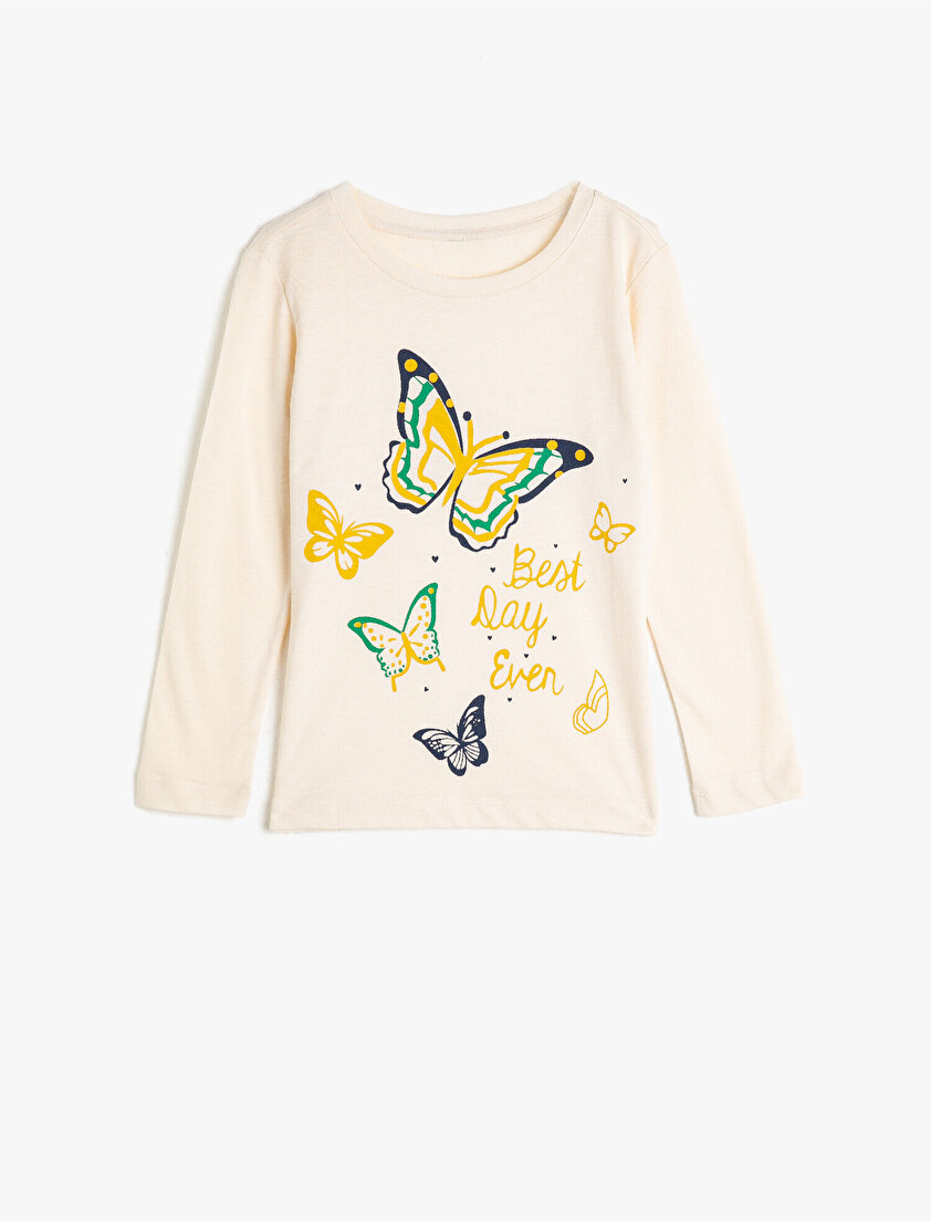 %100 Pamuklu Bisiklet Yaka Uzun Kollu Baskılı Tişört