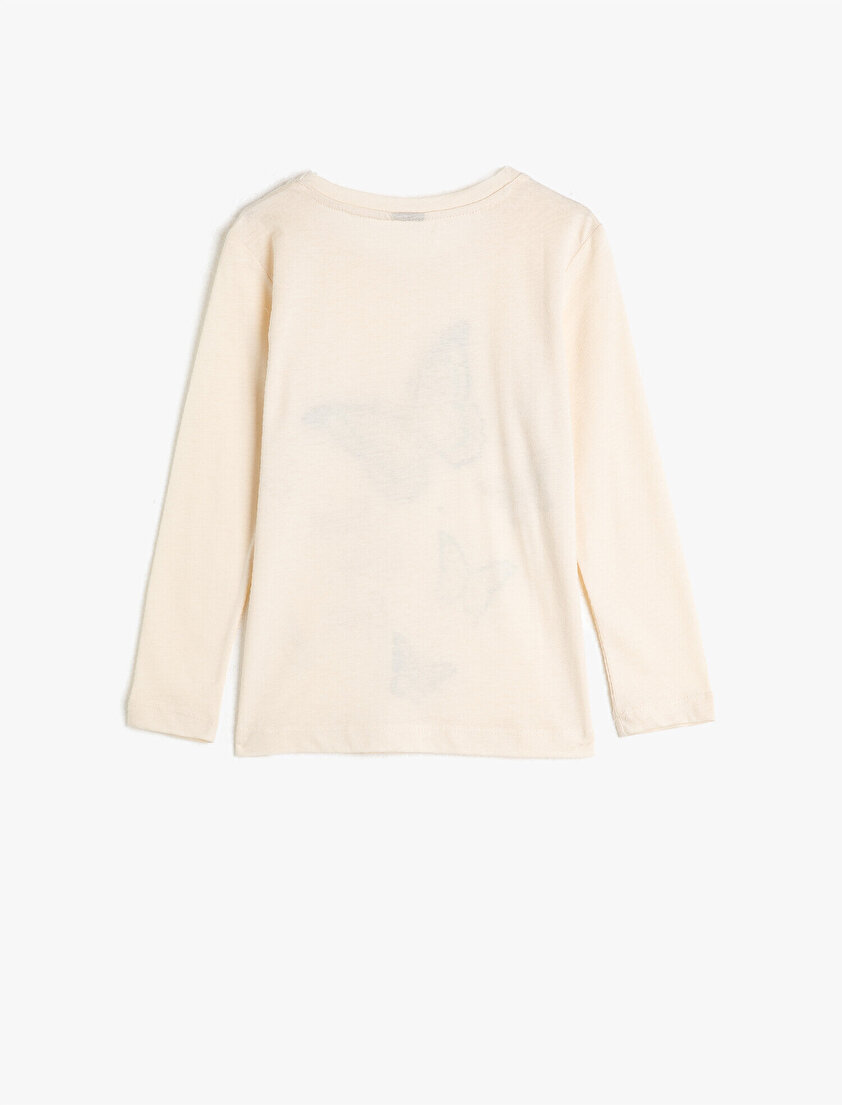 %100 Pamuklu Bisiklet Yaka Uzun Kollu Baskılı Tişört