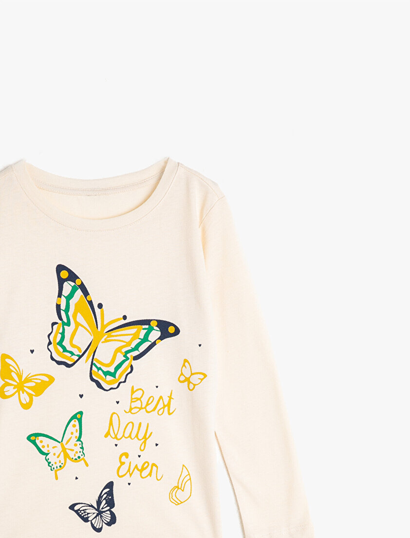 %100 Pamuklu Bisiklet Yaka Uzun Kollu Baskılı Tişört