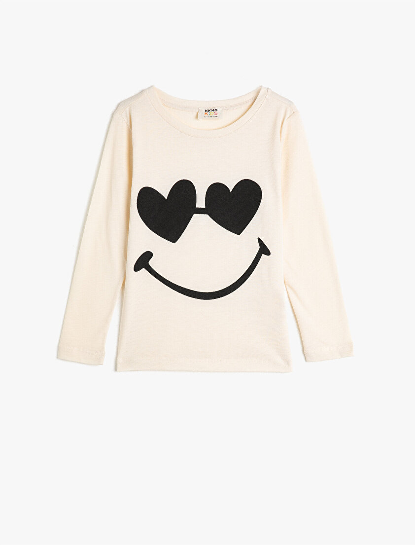 %100 Pamuk Bisiklet Yaka Uzun Kollu Baskılı Tişört