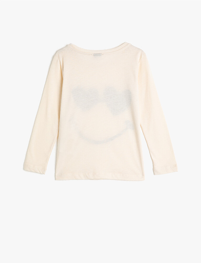 %100 Pamuk Bisiklet Yaka Uzun Kollu Baskılı Tişört