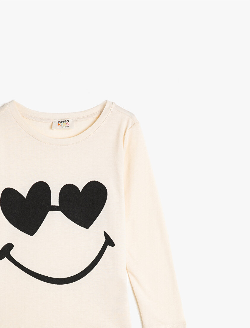 %100 Pamuk Bisiklet Yaka Uzun Kollu Baskılı Tişört