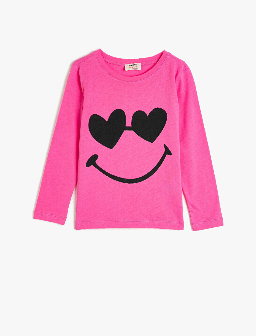 %100 Pamuk Bisiklet Yaka Uzun Kollu Baskılı Tişört